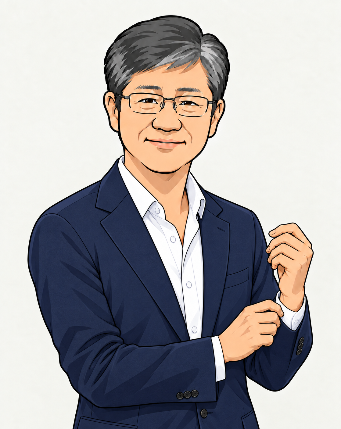特任副教授Hiroshi Akama的肖像插画,身穿白衬衫与深蓝色外套,面带温和微笑。